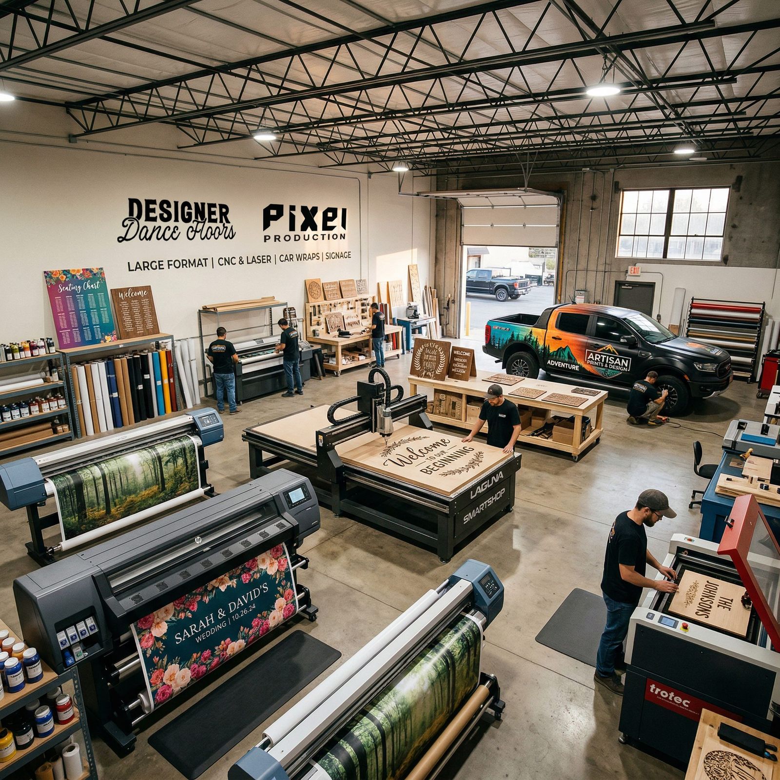 Designer Dance Floors production floor with large-format printers, CNC router and laser cutter in use