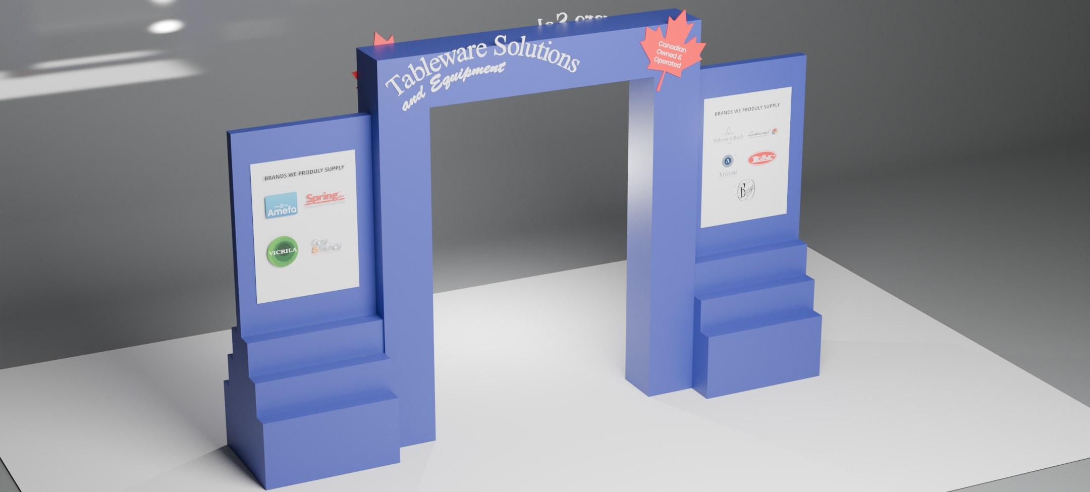 Three-dimensional design render of a custom blue event structure with an arch and tiered display plinths