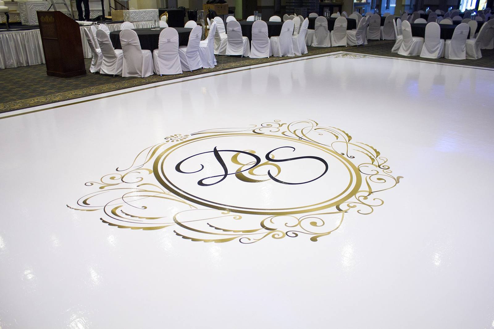 White and gold wedding dance floor