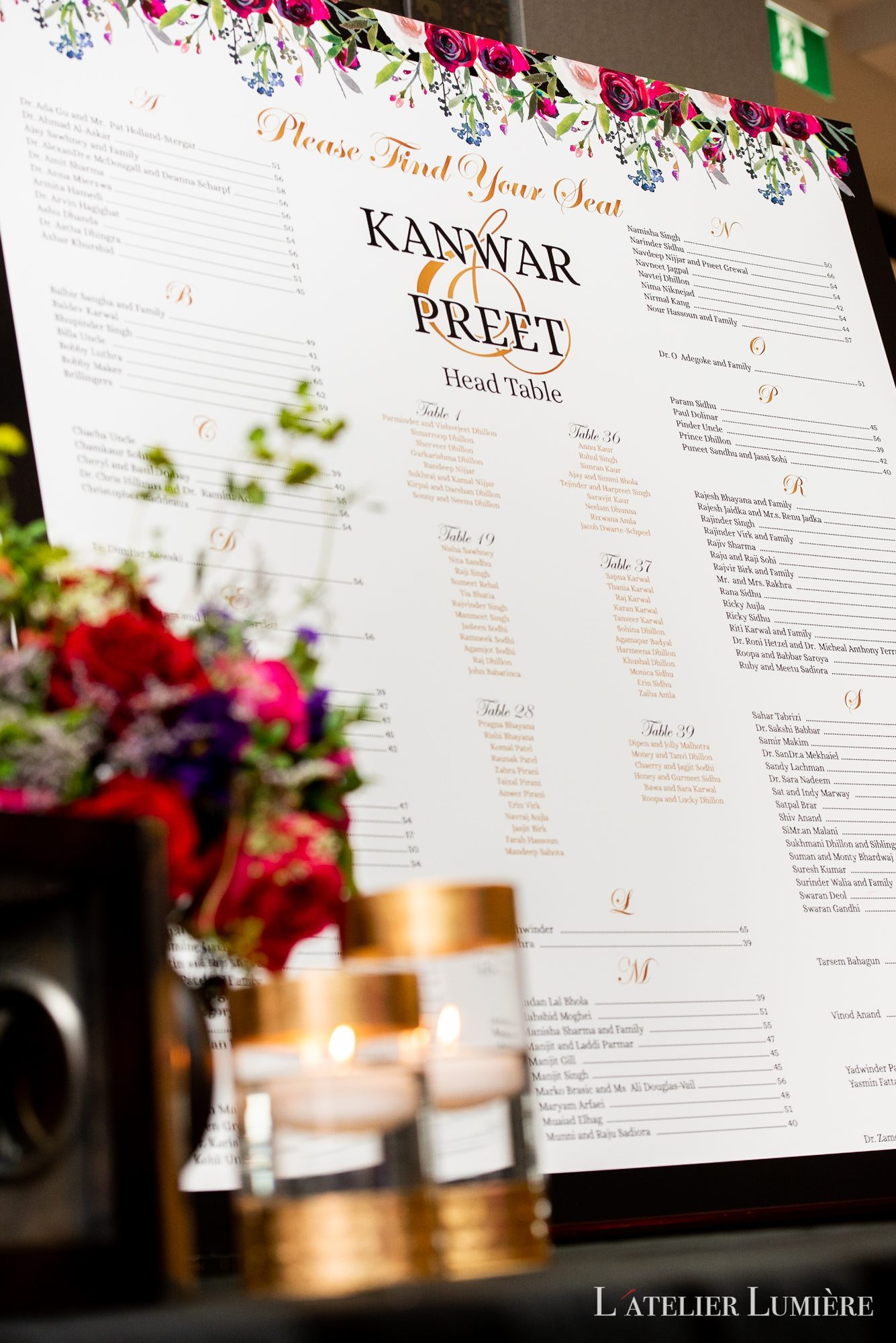 A large printed wedding seating chart on an easel at a reception, guest names set in gold across a floral border.