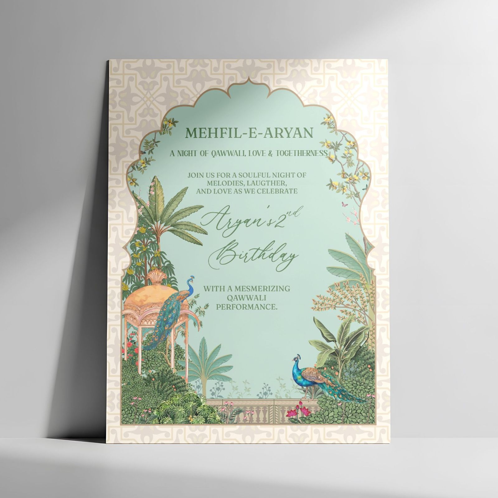 A welcome sign design with a scalloped Mughal arch, peacocks and garden foliage in green and gold.