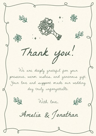 A printed wedding thank-you card in cream with hand-drawn green botanical line art.